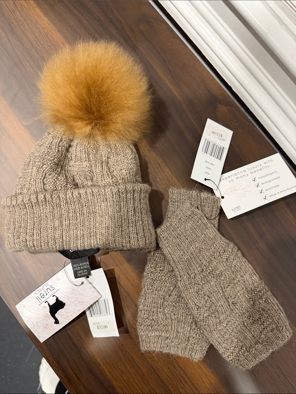 Surell Beige Knit Beanie with Mustard Pom Pom & Matching Mittens